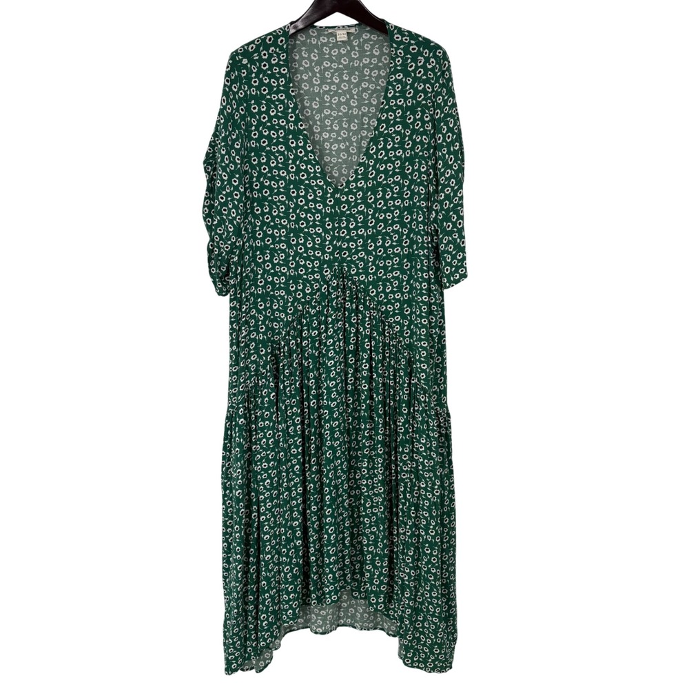 Loralette Green‎ Floral Daisy Tiered Midi Dress Plus Size 30/32 V-Neck Boho Tie